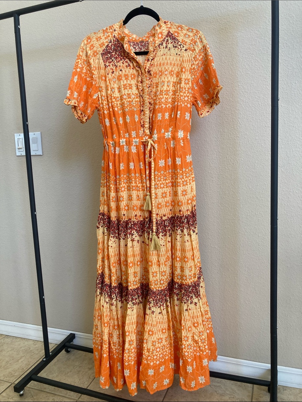 Free People Orange  Floral Tiered Maxi Dress with Tassel Tie